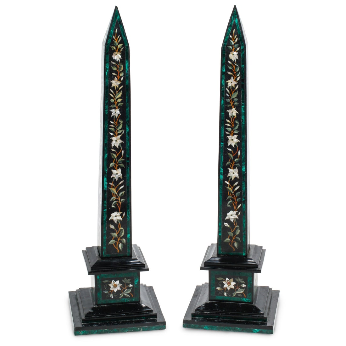 A Pair of Large Pietra Dura, Black Marble and Malachite Obelisks (1 of 4)