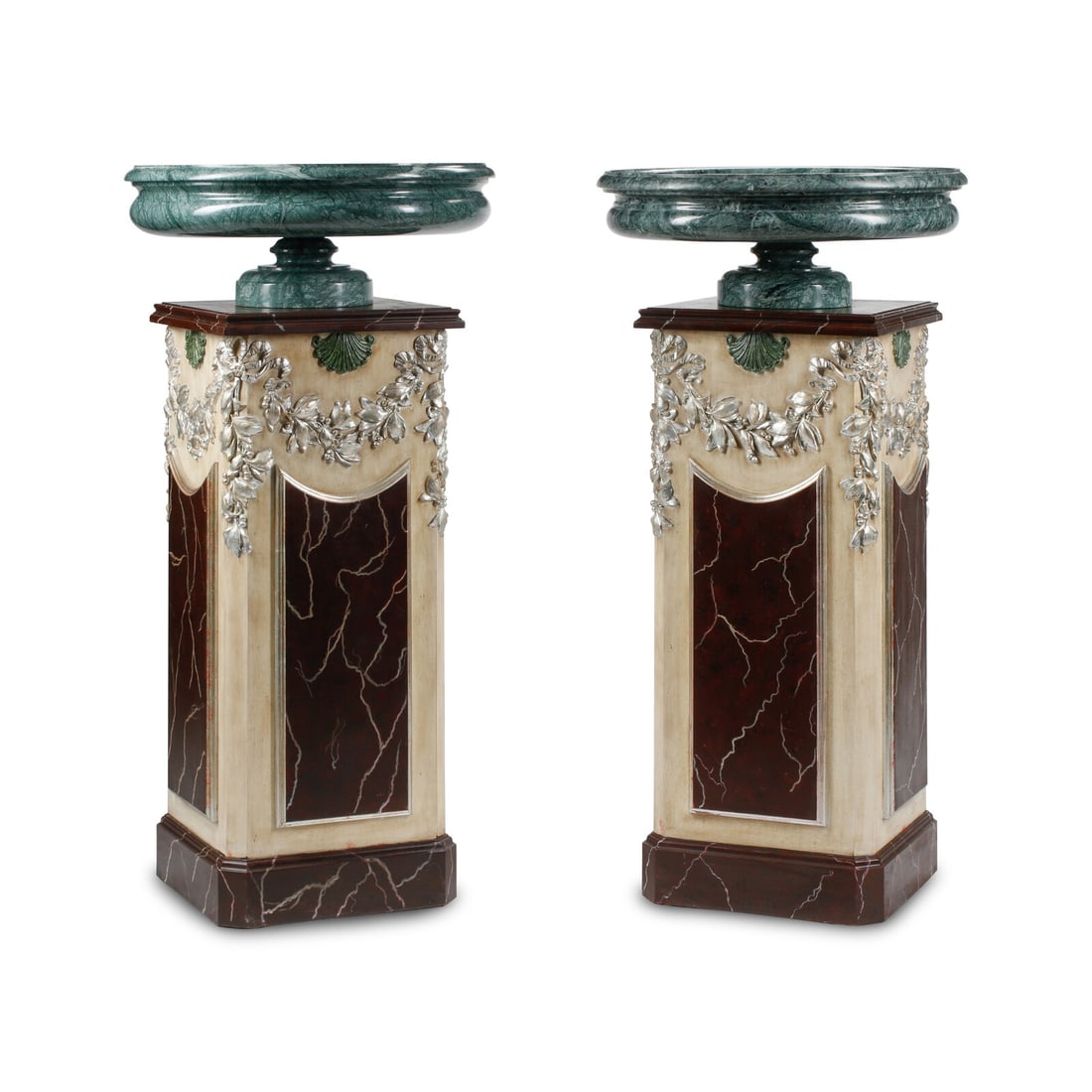 A Pair of Italian Green Marble Tazze with Carved and Polychrome Painted Pedestals: A Pair of Italian Green Marble Tazze with Carved and Polychrome Painted Pedestals 20th Century Height overall 52 x diameter of tazze 27 inches. This lot is located in Chicago.