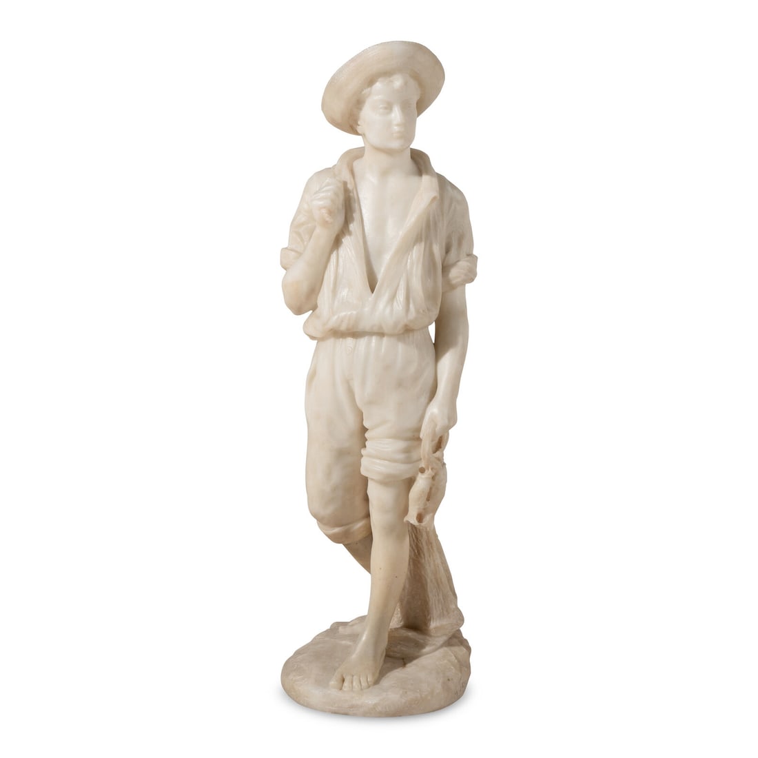 Gaetano Trentanove (Italian, 1858-1937): Gaetano Trentanove (Italian, 1858-1937) The Young Fisherman carved alabaster signed 'G. Trentanove' to base Height 33 1/4 x width 10 x depth 10 inches. Property of a California Collector This lot is