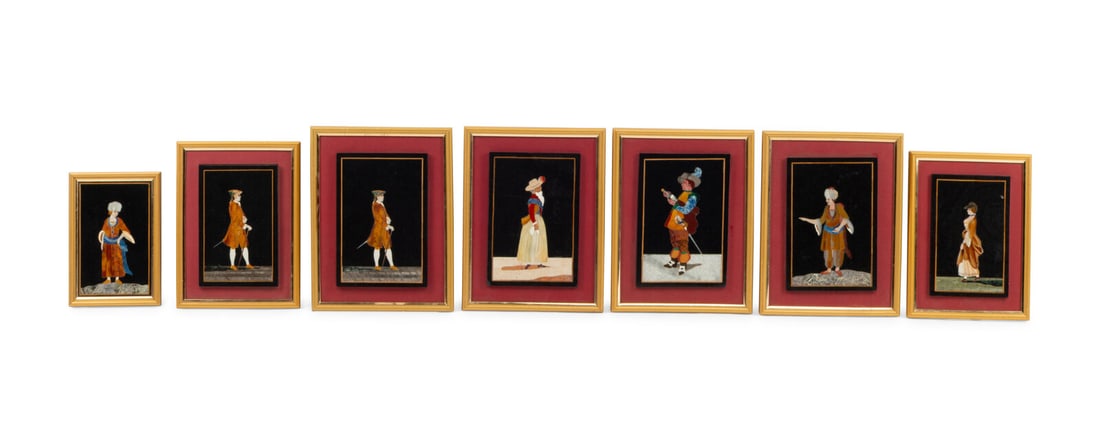 Seven Framed Pietra Dura Plaques: Seven Framed Pietra Dura Plaques 20th Century Height of largest plaque 8 3/4 x width 6 inches. This lot is located in Chicago.