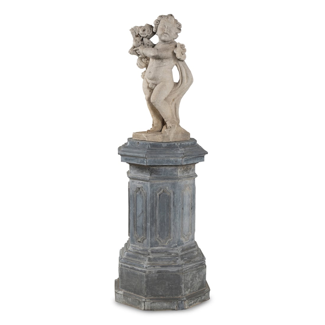 A Cast Stone Garden Figure of a Putto on a Zinc Pedestal (1 of 3)