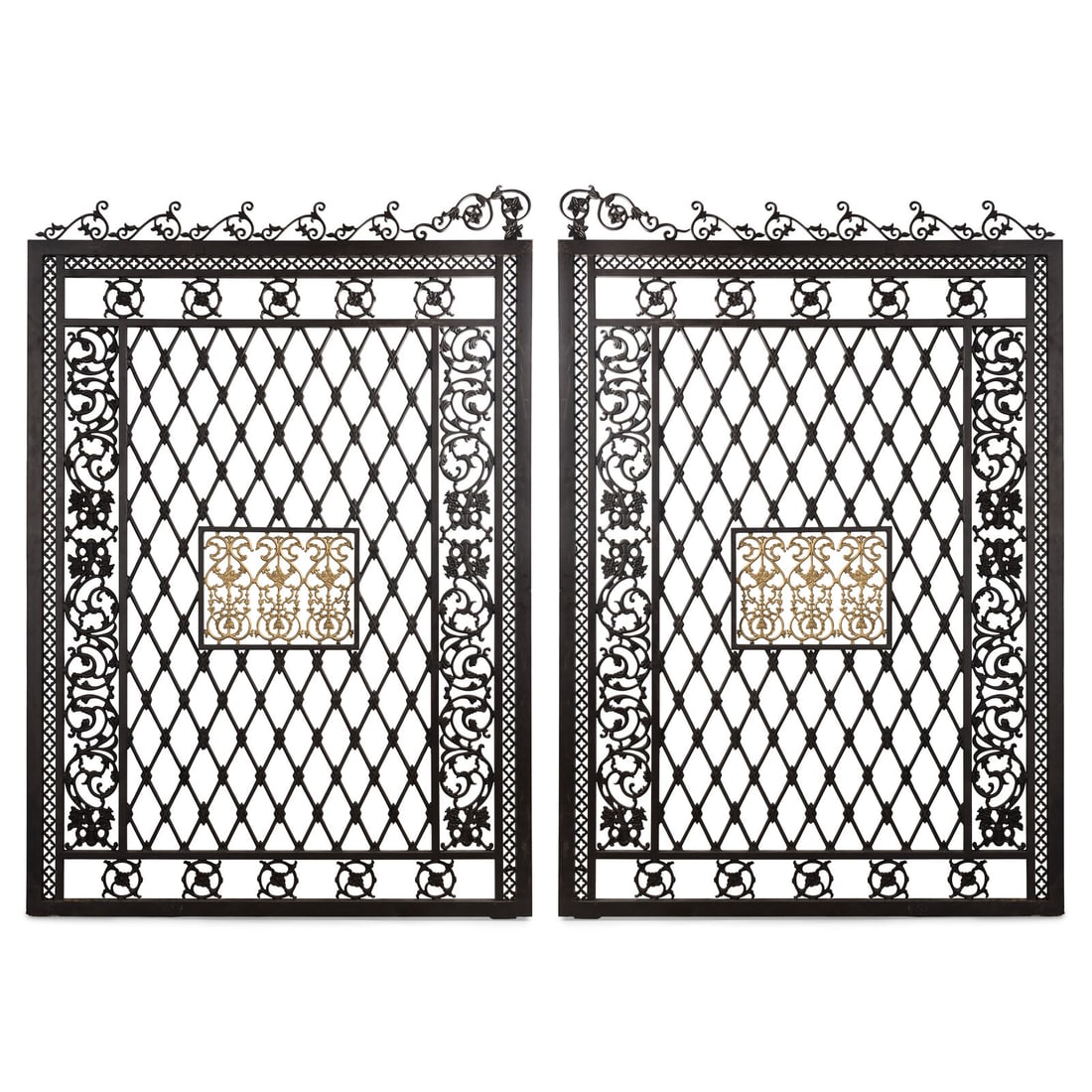A Pair of Large Parcel Gilt Iron Gates: A Pair of Large Parcel Gilt Iron Gates 20th Century Height 114 x width 79 inches (each). This lot is located in Chicago.