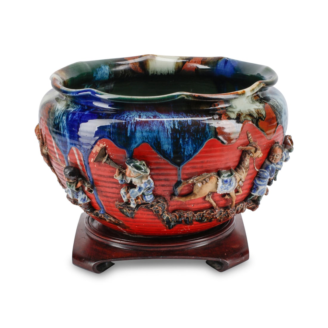 A Large Japanese Sumida Gawa JardiniËre: A Large Japanese Sumida Gawa JardiniËre 19th Century raised on a wood base. Height of jardiniere 11 x diameter 17 inches. This lot is located in Chicago.