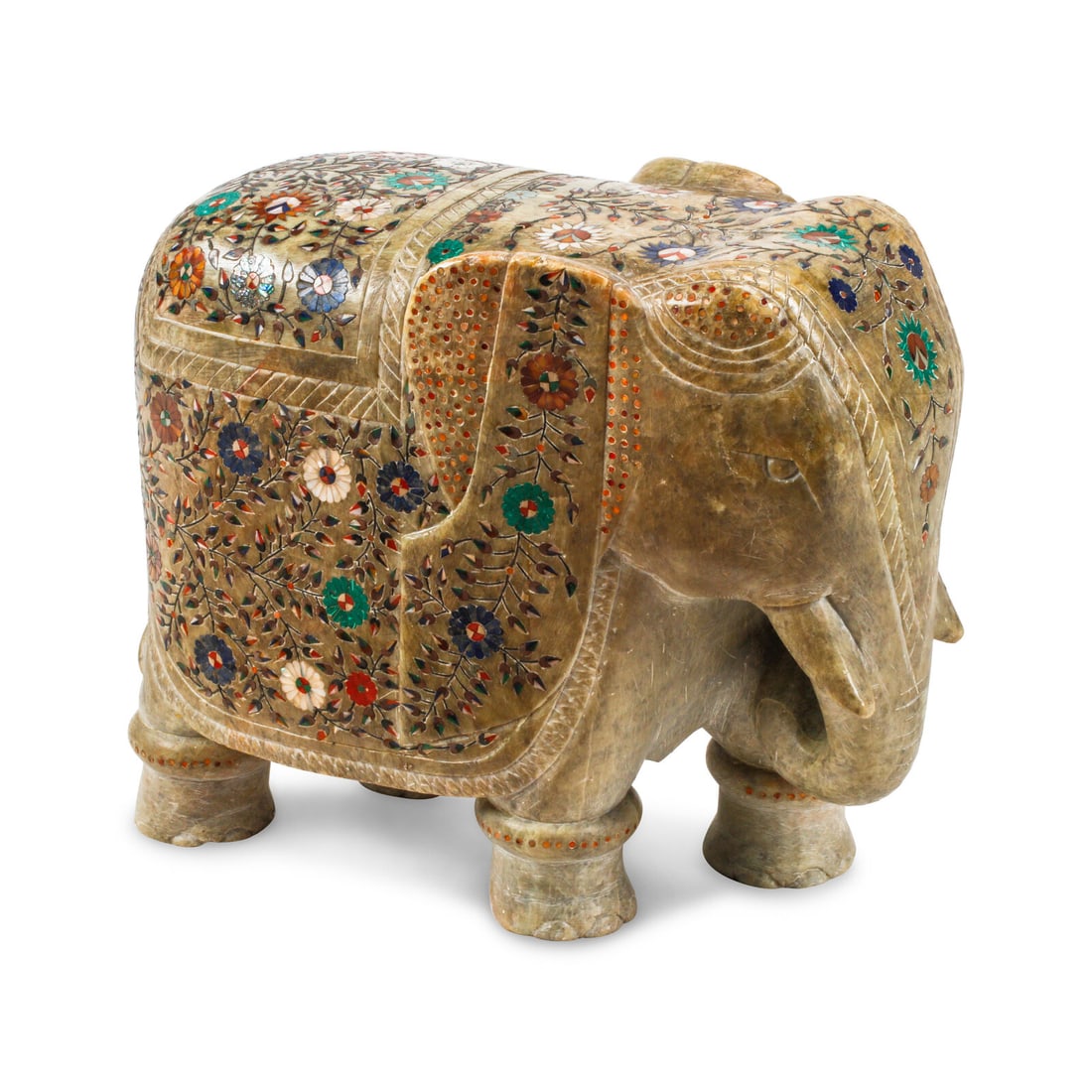 A Carved Marble and Semiprecious Stone-Inlaid Elephant: A Carved Marble and Semiprecious Stone-Inlaid Elephant 20th Century Height 12 x width 7 1/2 x depth 14 inches. This lot is located in Chicago.