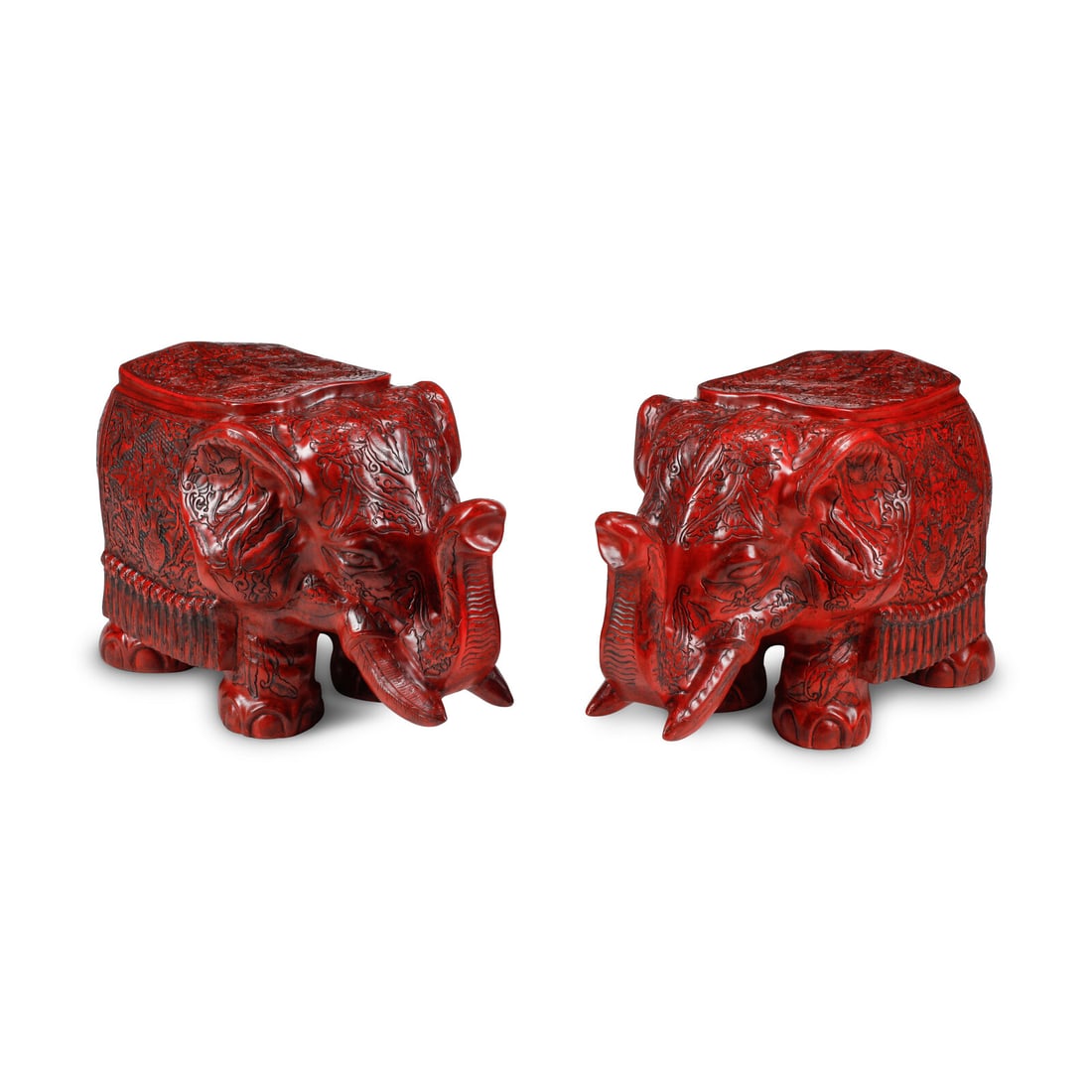 A Pair of Chinese Carved Red Lacquer Elephant Stools (1 of 3)