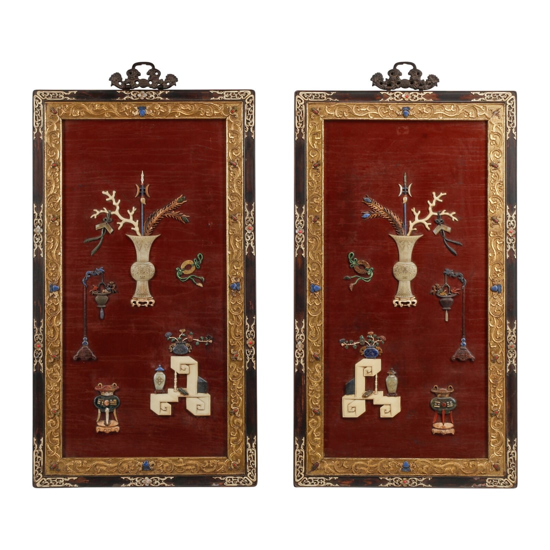 A Pair of Chinese Hardstone Inlaid Lacquer Panels: A Pair of Chinese Hardstone Inlaid Lacquer Panels 20th Century Height 45 x width 25 1/2 inches. This lot is located in Chicago.