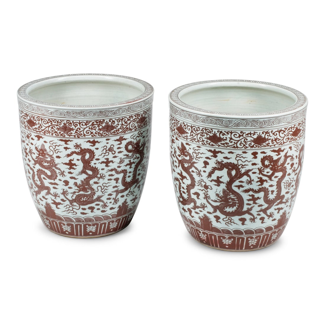 A Pair of Chinese Porcelain and Iron Red Decorated JardiniËres: A Pair of Chinese Porcelain and Iron Red Decorated JardiniËres 20th Century Height 21 x diameter 20 inches. This lot is located in Chicago.