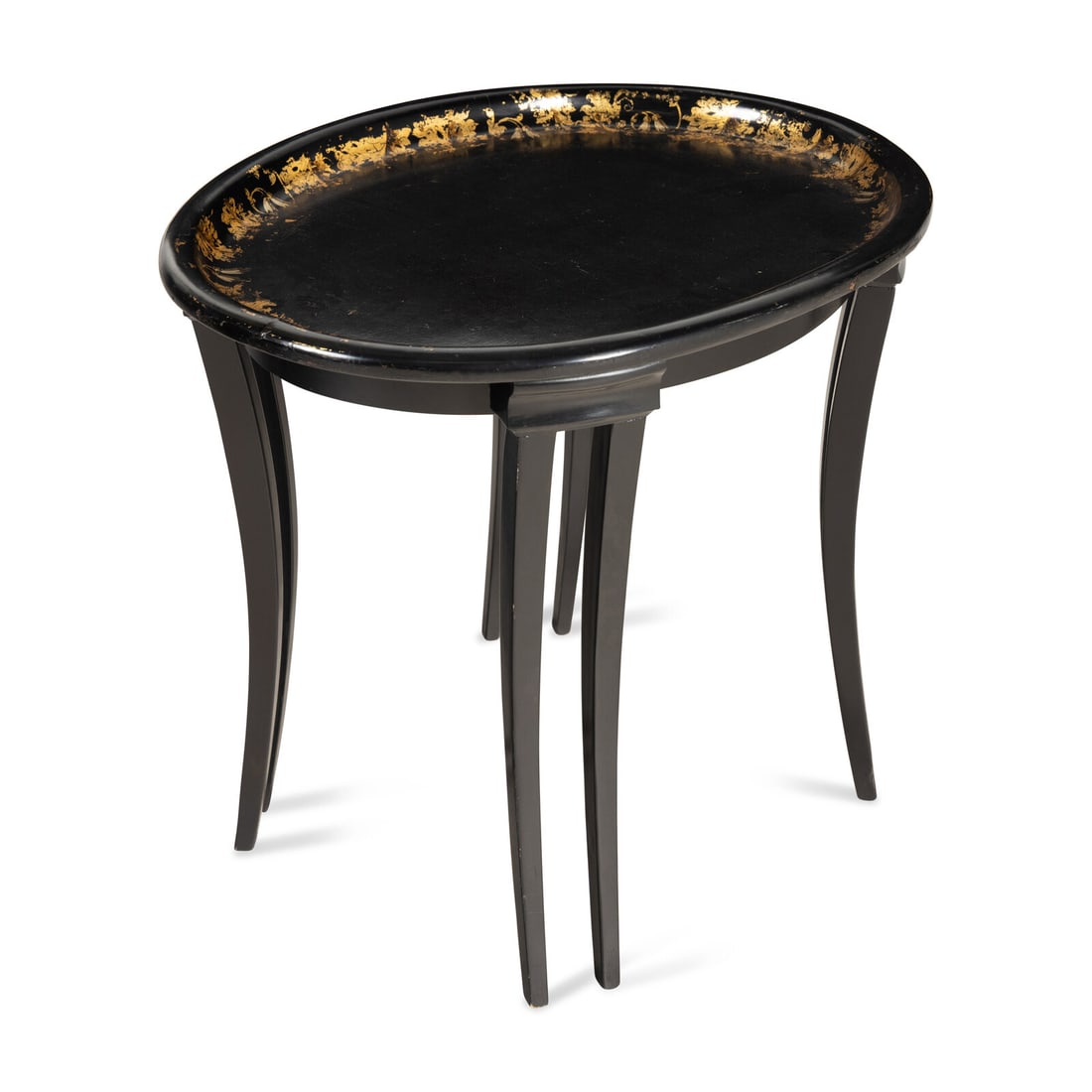 An English Gilt Decorated Papier Mache Tray Table: An English Gilt Decorated Papier Mache Tray Table Tray 19th Century, Base Modern Height overall 24 x width 32 x depth 25 inches. Property from the Collection of Patricia and Michael Corbett, Kenilwort