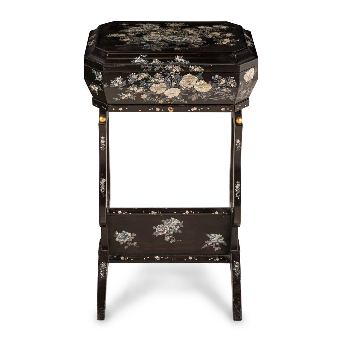 A Japanese Abalone-Inlaid Needlework Table: A Japanese Abalone-Inlaid Needlework Table Late 19th Century Height 30 1/2 x width 18 x depth 12 inches. Property from the Collection of Patricia and Michael Corbett, Kenilworth, Illinois This lot is 