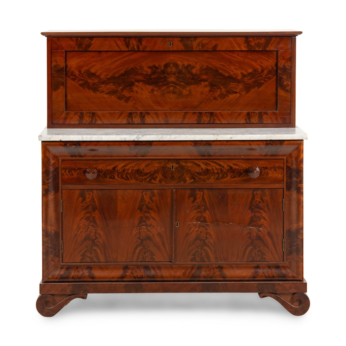 A Classical Mahogany and Marble-Top Fall-Front Bureau Cabinet: A Classical Mahogany and Marble-Top Fall-Front Bureau Cabinet Mid 19th Century Height 47 x width 45 x depth 23 inches. Property from the Collection of Patricia and Michael Corbett, Kenilworth, Illinoi