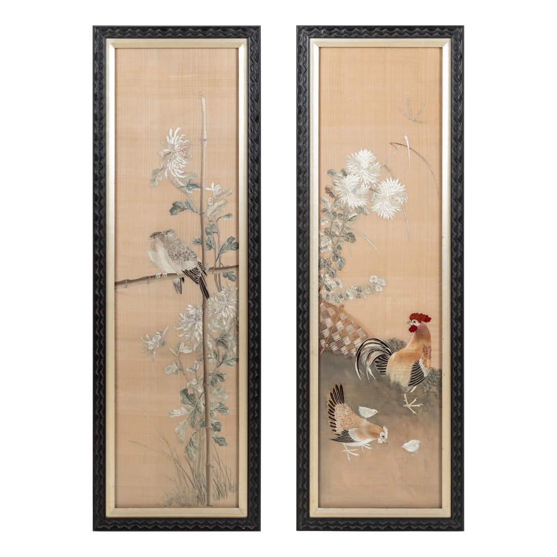 A Pair of Chinese Embroidered Silk Panels: A Pair of Chinese Embroidered Silk Panels 20th Century Each frame: 51 1/2 x 16 3/4 inches. Property from the Collection of Patricia and Michael Corbett, Kenilworth, Illinois This lot is located in Chi