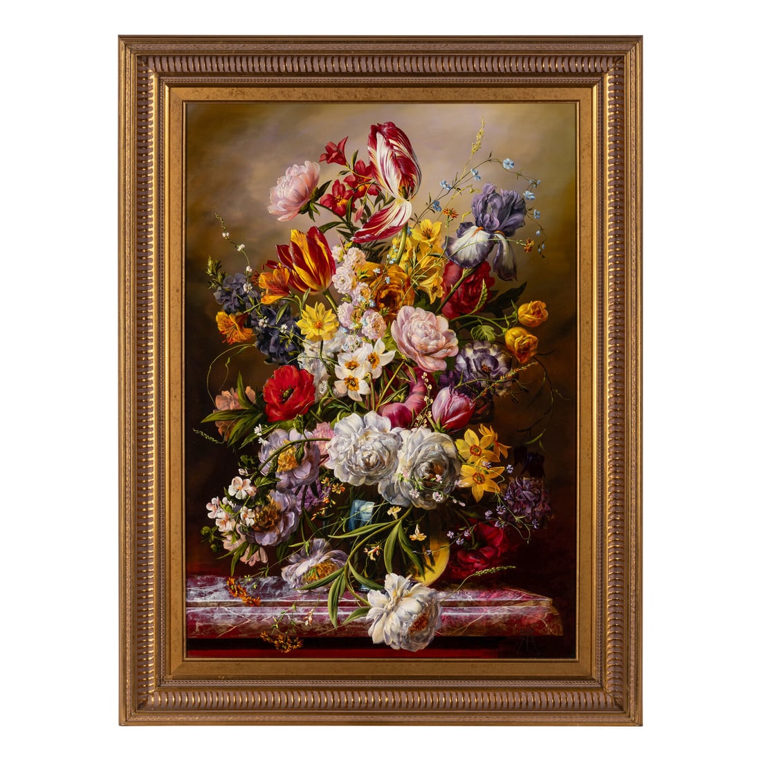 Gyula Siska (Hungarian, b.1958): Gyula Siska (Hungarian, b.1958) Still Life with Flower and a Marble Topped Commode oil on panel signed (lower right) 27 x 19 inches (visible). Property from the Estate of Audrey and Philip Rietveld, C