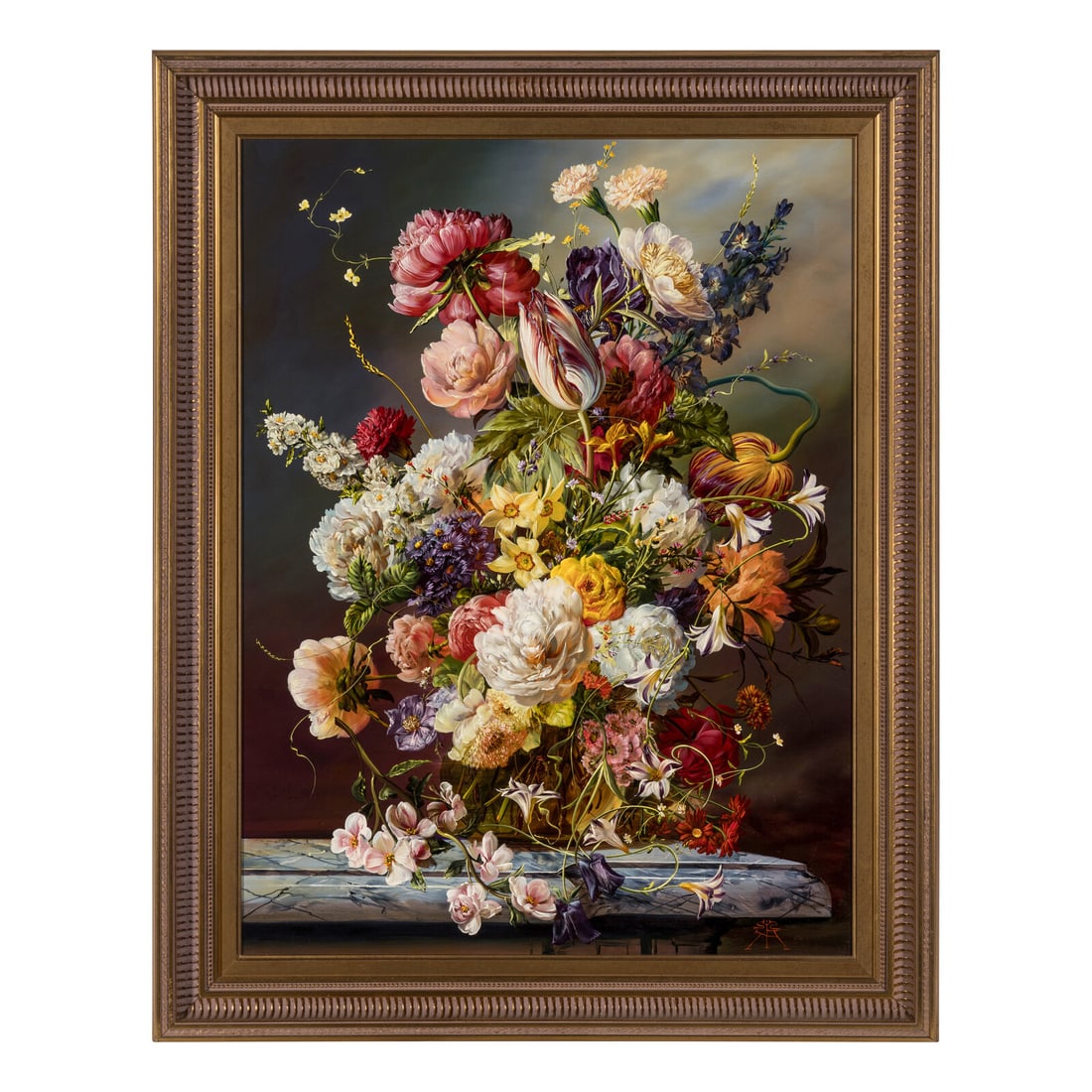 Gyula Siska (Hungarian, b.1958): Gyula Siska (Hungarian, b.1958) Still Life with Flowers and a Marble Topped Commode oil on panel 32 x 24 inches. Property from the Estate of Audrey and Philip Rietveld, Crete, Illinois This lot is loc