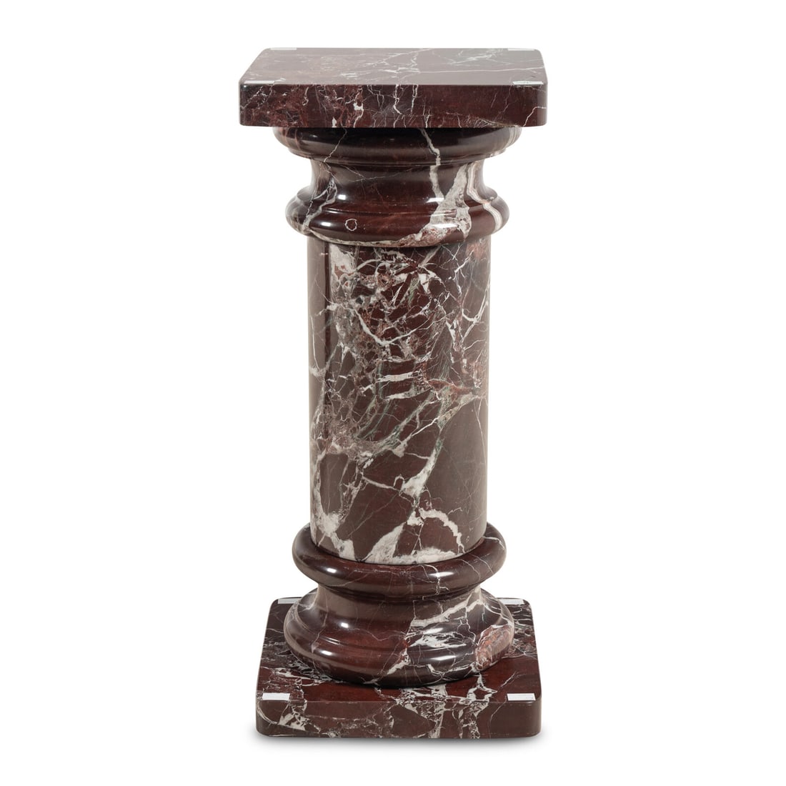 A Rosso Levanto Marble Pedestal: A Rosso Levanto Marble Pedestal Height 32 x width 14 1/4 x depth 14 1/4 inches. This lot is located in Chicago.