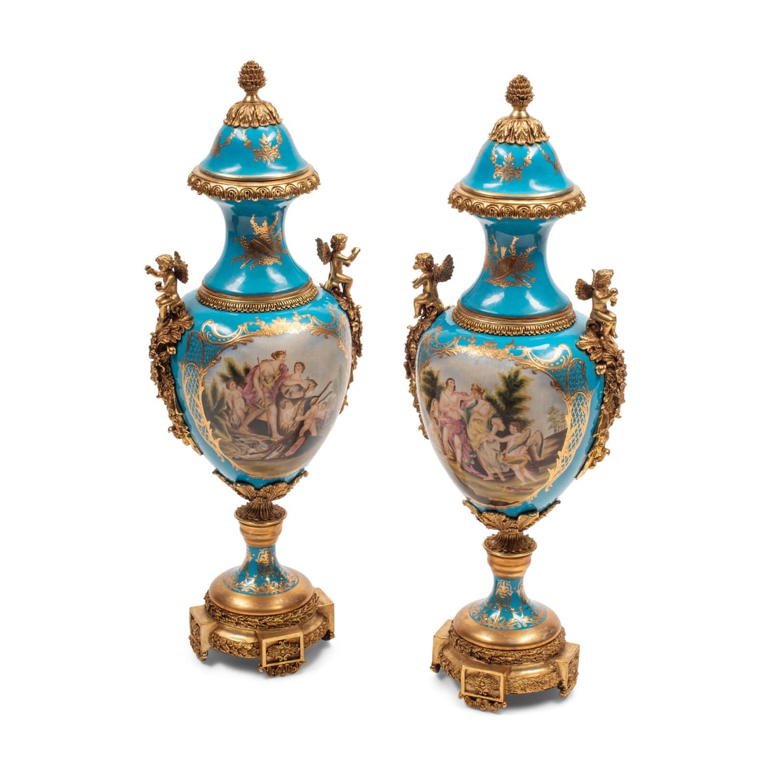 A Pair of Large SËvres Style Porcelain and Gilt Bronze Mounted Vases and Covers: A Pair of Large SËvres Style Porcelain and Gilt Bronze Mounted Vases and Covers 19th/20th Century Height 32 x width 12 x depth 10 1/2 inches. This lot is located in Chicago.