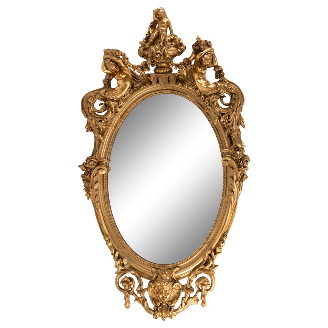 A Louis XV Style Carved Giltwood Oval Mirror: A Louis XV Style Carved Giltwood Oval Mirror 20th Century Height 85 x width 49 inches. This lot is located in Chicago.