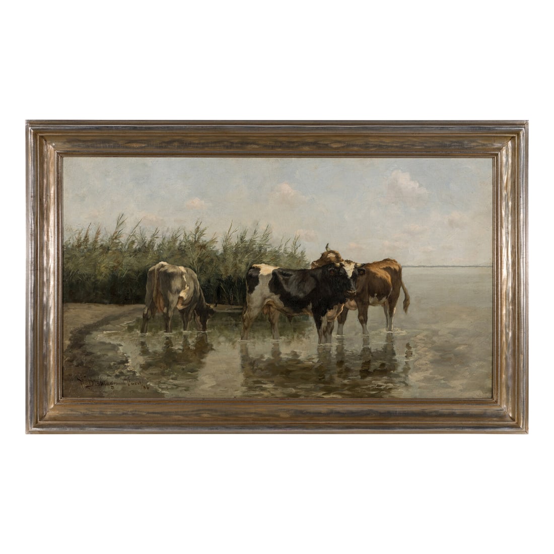 Henry Bisbing (American, 1849-1933): Henry Bisbing (American, 1849-1933) The Drinking-Place, Shores of Zuiden Zee, 1884 oil on canvas signed, dated and inscribed 'Paris' (lower right), titled (label on verso) 20 x 36 inches. Property fro
