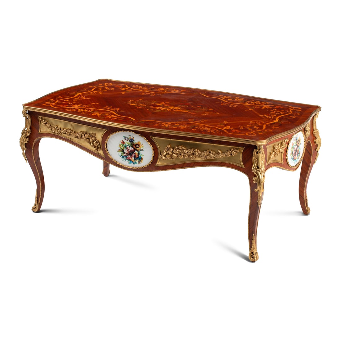 A Louis XV Style Gilt Bronze Mounted Marquetry Low Table: A Louis XV Style Gilt Bronze Mounted Marquetry Low Table 20th Century with inset painted panels. Height 19 1/2 x width 47 1/2 x depth 28 inches. This lot is located in Chicago.