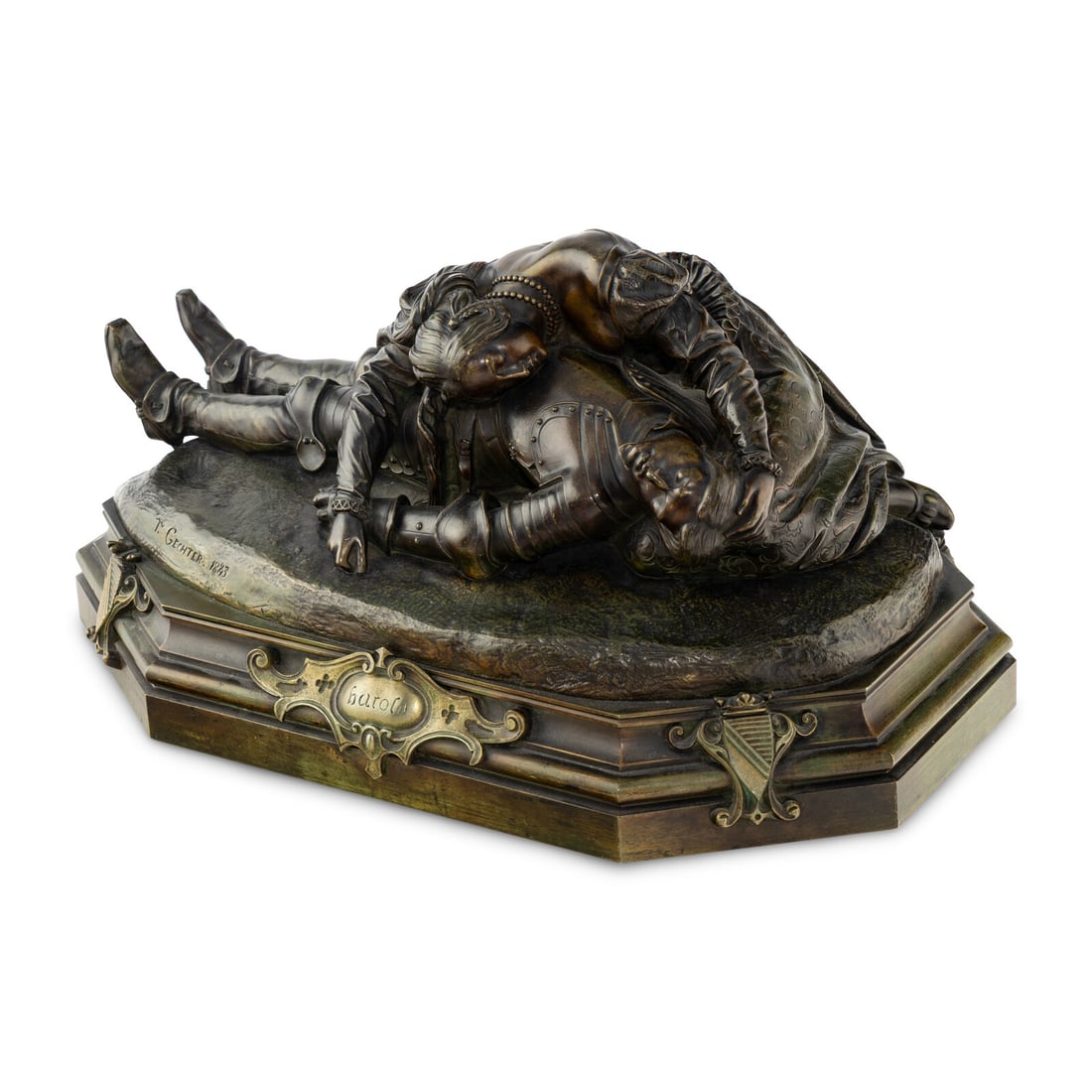 Jean-FranÁois-ThÈodore Gechter (French, 1795-1844) La Mort d'Harold: Jean-FranÁois-ThÈodore Gechter (French, 1795-1844) La Mort d'Harold Bronze signed Gechter 1843 at base. Height (minus plinth) 6 x length 15 inches. This lot is located in Chicago.