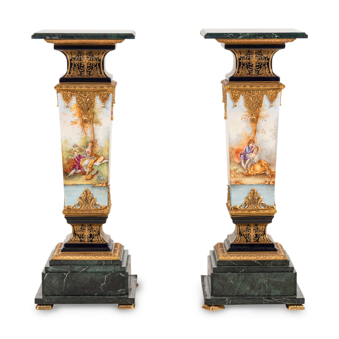 A Pair of Marble, SËvres Style Porcelain and Gilt Metal Pedestals: A Pair of Marble, SËvres Style Porcelain and Gilt Metal Pedestals 20th Century Height 40 x width 14 1/2 x depth 14 1/2 inches. This lot is located in Chicago.