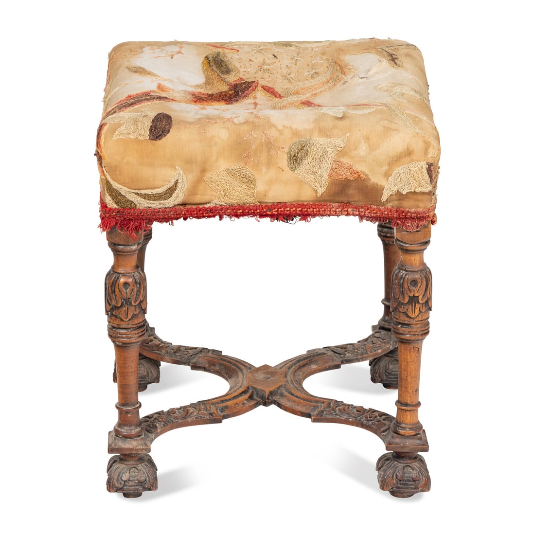 A Continental Carved Walnut Stool: A Continental Carved Walnut Stool 19th Century Height 18 1/2 x width 14 1/2 x depth 15 inches. Property from the Estate of Audrey and Philip Rietveld, Crete, Illinois This lot is located in Chicago.