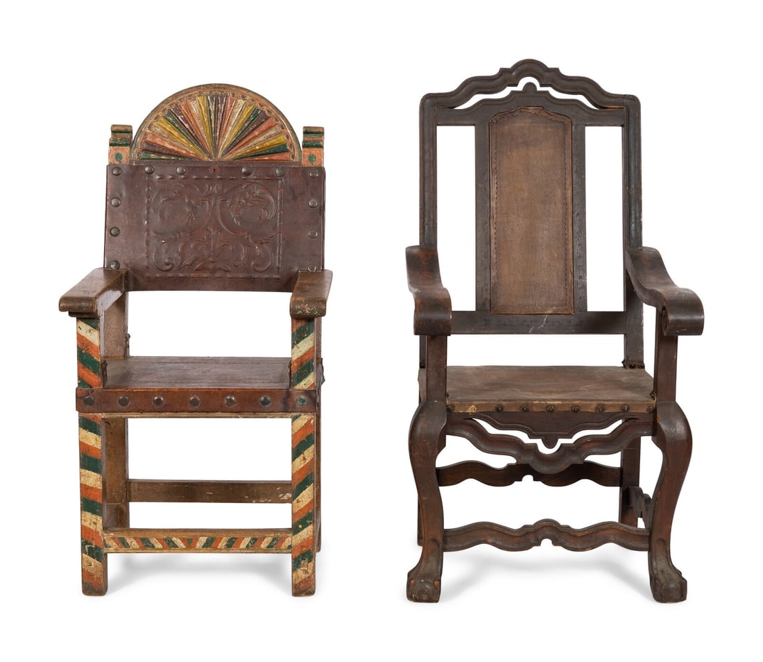 A Spanish Baroque Style Polychrome Decorated Armchair: A Spanish Baroque Style Polychrome Decorated Armchair together with an associated Peruvian armchair Height of Spanish chair 48 x width 25 x depth 23 inches. This lot is located in Palm Beach.