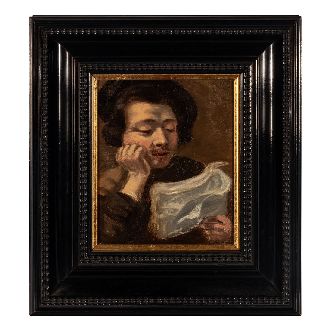 Dutch School (19th Century): Dutch School (19th Century) Portrait of a Young Man Reading oil on panel apparently unsigned 7 1/4 x 6 1/4 inches. Property from the Estate of Audrey and Philip Rietveld, Crete, Illinois This lot is l