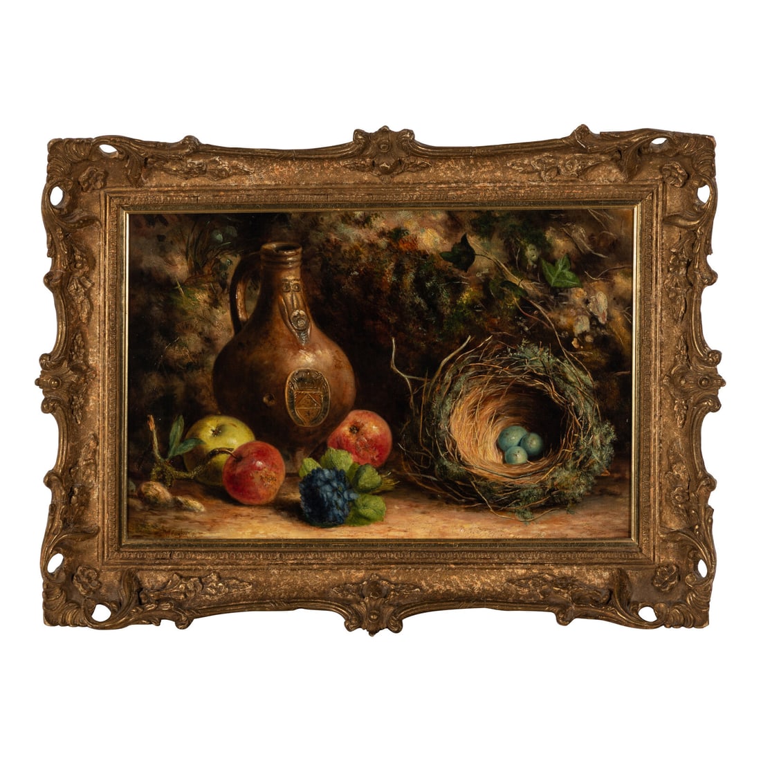 William Hughes (British, 1842-1901): William Hughes (British, 1842-1901) Still Life with Robin's Nest, Bellarmine and Fruit, 1862 oil on canvas signed and dated (lower left) 12 x 18 inches. Property from the Estate of Audrey and Philip R