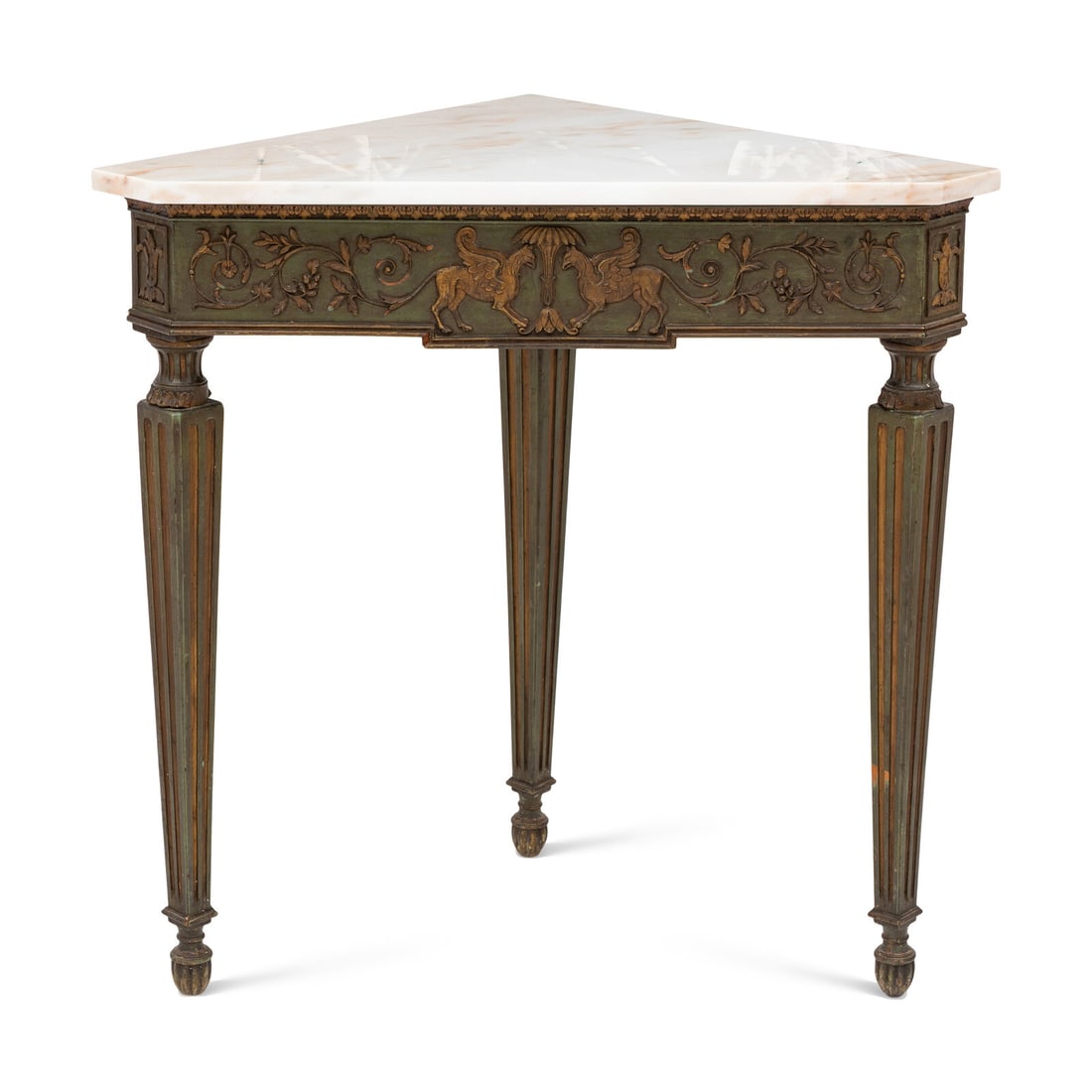 A Neoclassical Painted and Parcel-Gilt Corner Table with Marble Top: A Neoclassical Painted and Parcel-Gilt Corner Table with Marble Top First Half 19th Century Height 32 3/4 x width 32 1/2 x depth 18 inches. This lot is located in Palm Beach.