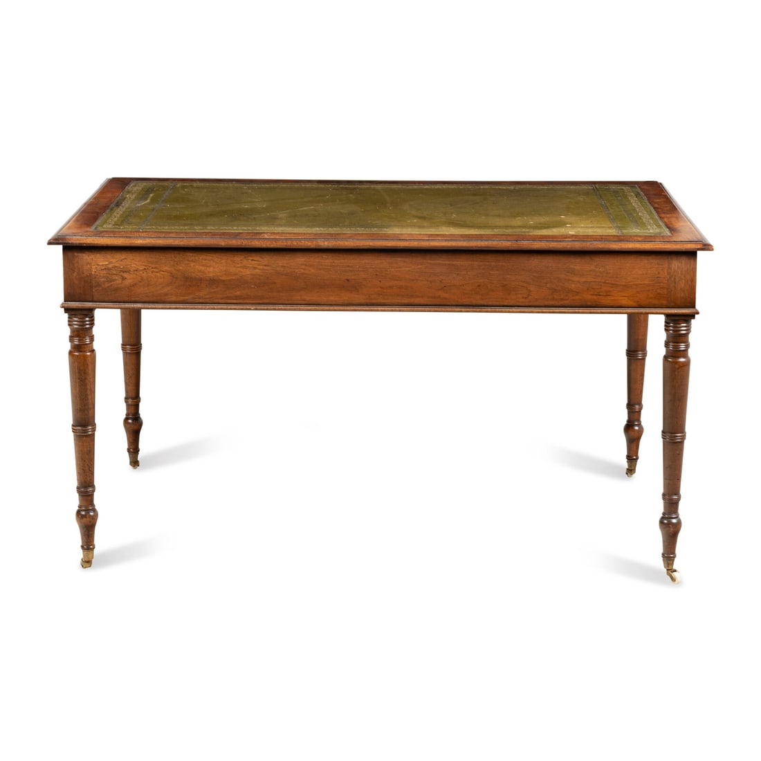 A Regency Style Tooled-Leather Inset Mahogany Writing Desk: A Regency Style Tooled-Leather Inset Mahogany Writing Desk Late 19th/Early 20th Century Height 30 1/2 x width 51 1/2 x depth 35 1/2 inches. This lot is located in Chicago.