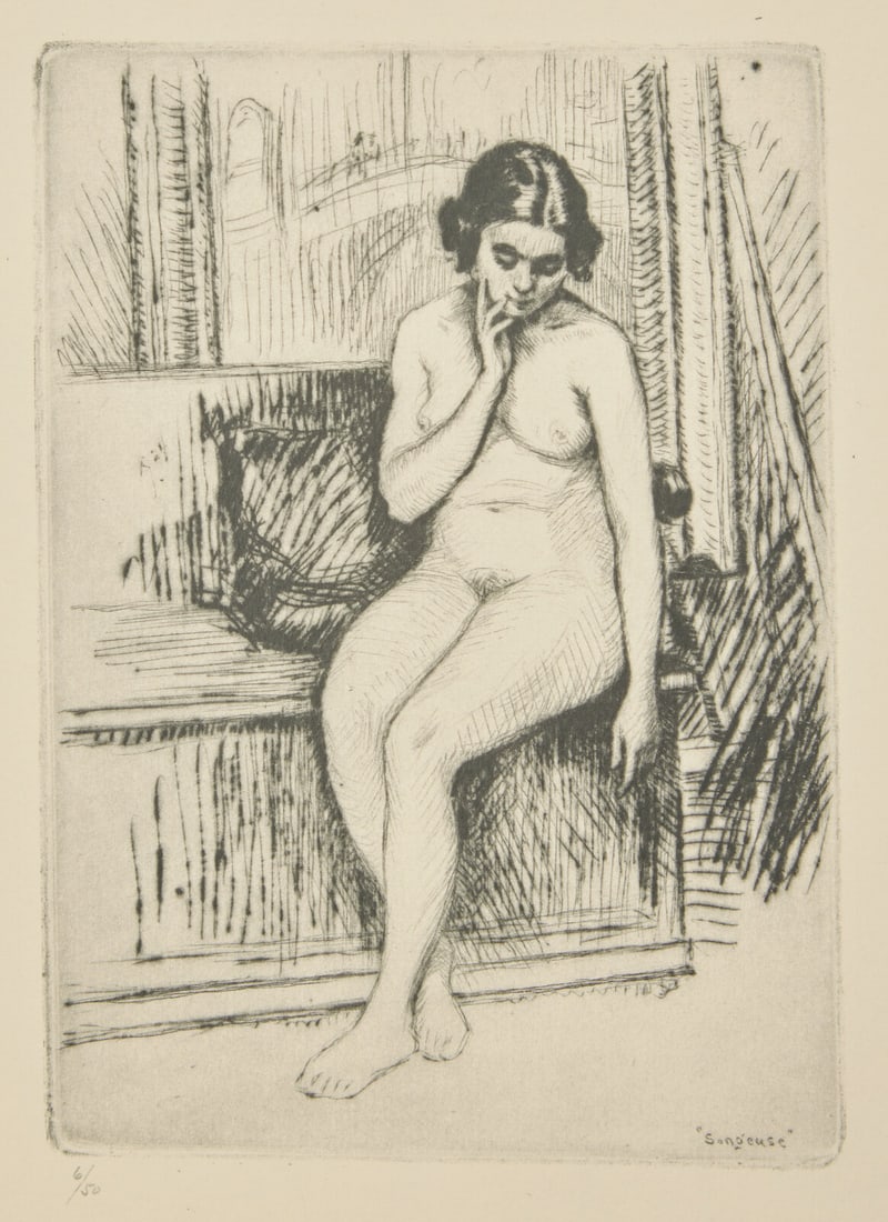 Frank Milton Armington (American, 1876-1941) Songeuse, 1924: Frank Milton Armington (American, 1876-1941) Songeuse, 1924 etching numbered 6/50 in pencil 6 5/8 x 4 3/4 in. This lot is located in Philadelphia.