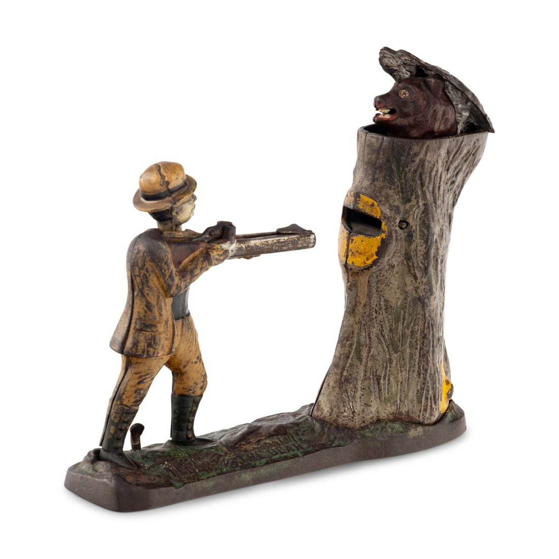 A Teddy and the Bear Mechanical Bank: A Teddy and the Bear Mechanical Bank Height 7 1/4 x length 10 inches. This lot is located in Chicago.