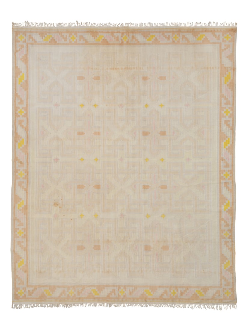 A Dhurrie Carpet: A Dhurrie Carpet India, 20th Century Handwoven cotton on cotton foundation. 9 foot 8 inches x 12 foot 4 inches. This lot is located in Palm Beach.
