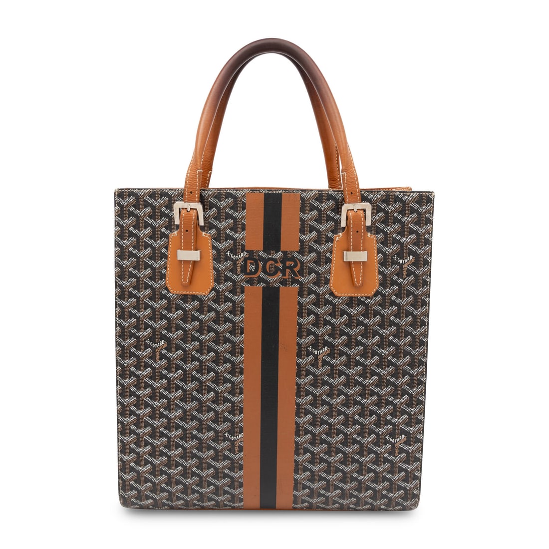 Goyard, Goyardine Tote Bag: Goyard, Goyardine Tote Bag Tote bag in Goyardine coated canvas and brown leather. Open top and adjustable rolled leather handles. "DCR" painted monogram and stripes at front. Label: Goyard Style/Seria