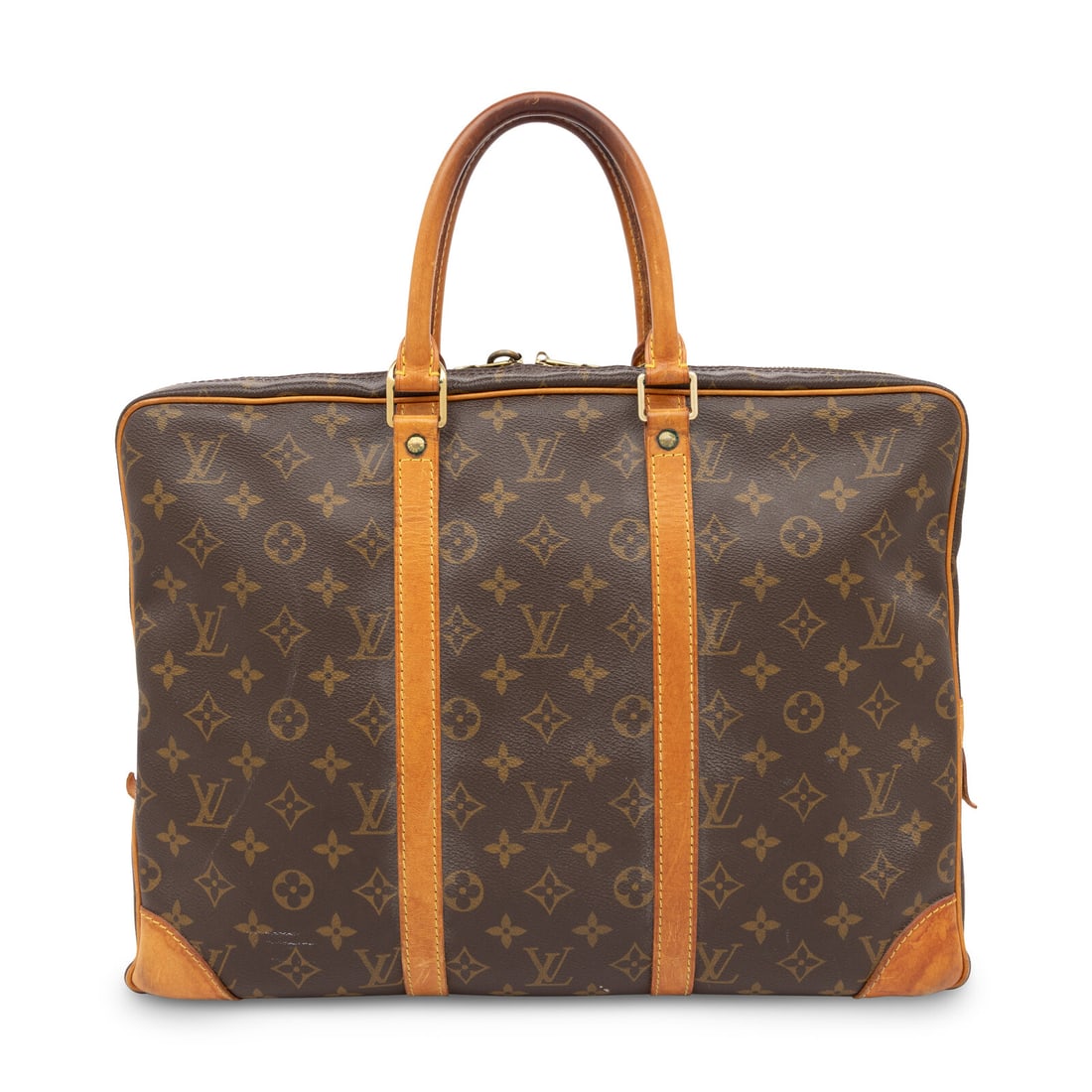 Louis Vuitton, Monogram Soft-Sided Briefcase: Louis Vuitton, Monogram Soft-Sided Briefcase Porte Documents Voyage soft-sided briefcase in monogram-print coated canvas with leather trim. Locking double zipper closure and rolled leather handles. La