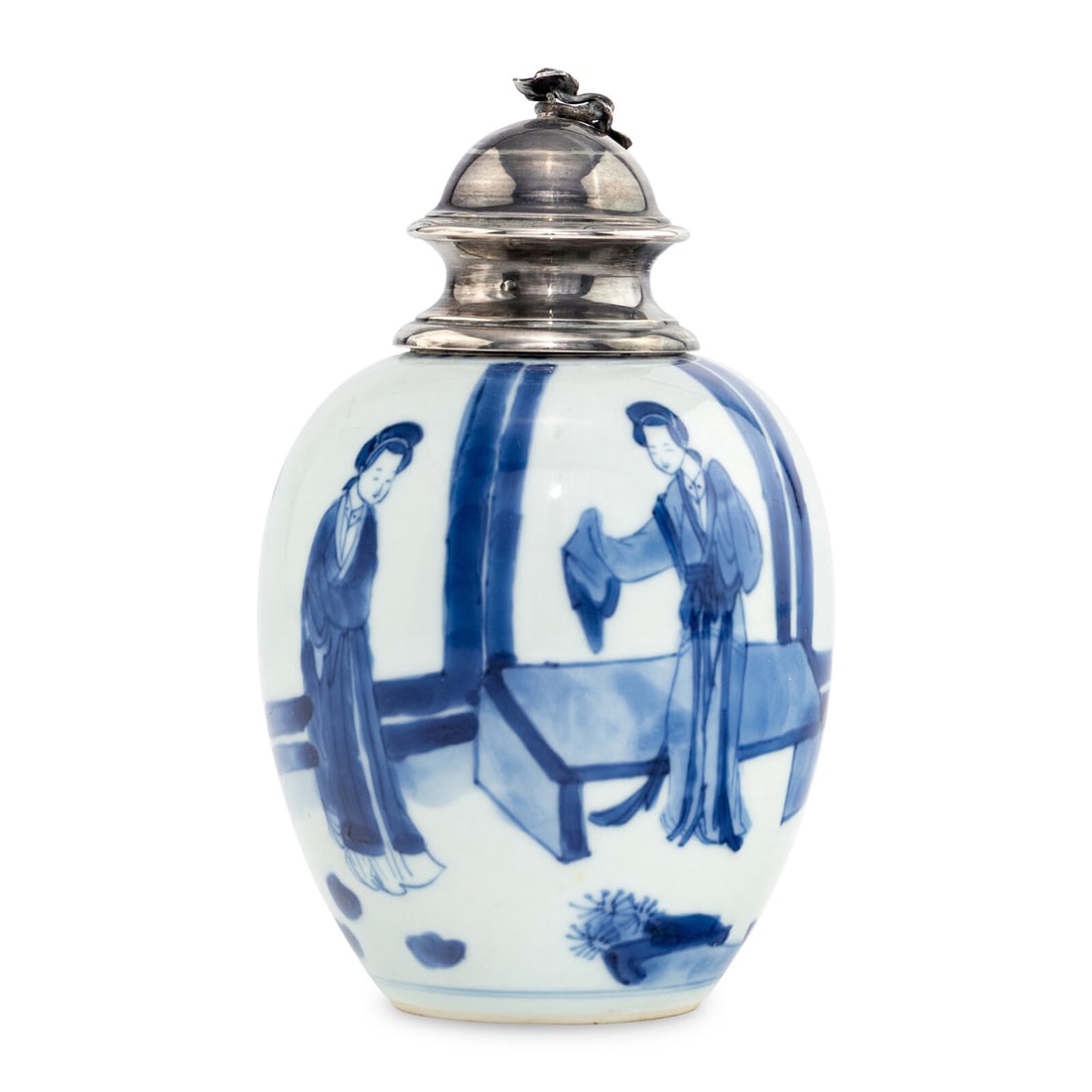 A Chinese Blue and White Porcelain Vase with Silver Mounts: A Chinese Blue and White Porcelain Vase with Silver Mounts Height 6 1/2 inches. This lot is located in Chicago.