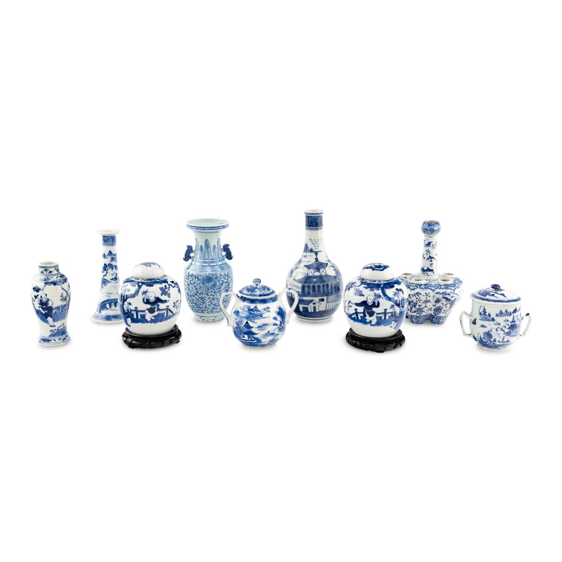 A Collection of Chinese Export Blue and White Porcelain Vases and Jars: A Collection of Chinese Export Blue and White Porcelain Vases and Jars Nine total. Largest height 10 inches. This lot is located in Chicago.