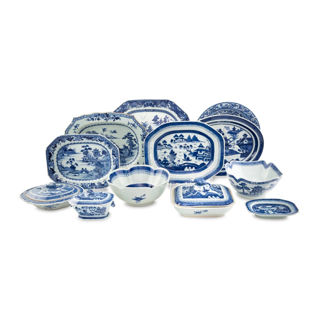 A Collection of Chinese Export Blue and White Porcelain Serving Dishes: A Collection of Chinese Export Blue and White Porcelain Serving Dishes Twelve objects total. Largest 13 3/4 x 17 1/8 inches. This lot is located in Chicago.