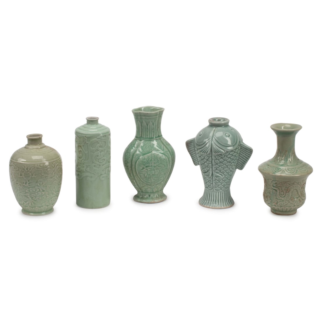 Five Chinese Celadon Glazed Porcelain Vases: Five Chinese Celadon Glazed Porcelain Vases 19th/20th Century Height of tallest 9 1/2 inches. This lot is located in Chicago.