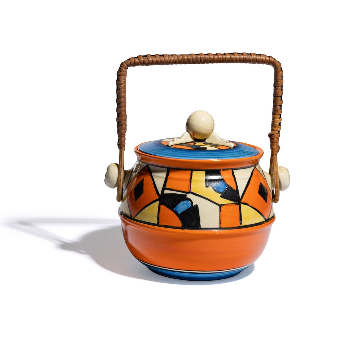 Clarice Cliff (English, 1899-1972) Diamonds pattern Biscuit Barrel: Clarice Cliff (English, 1899-1972) Diamonds pattern Biscuit Barrel glazed earthenware stamped signature to underside 5 3/4 h x 6 3/4 w x 6 d inches. Property from the Collection of Richard B. Kutner