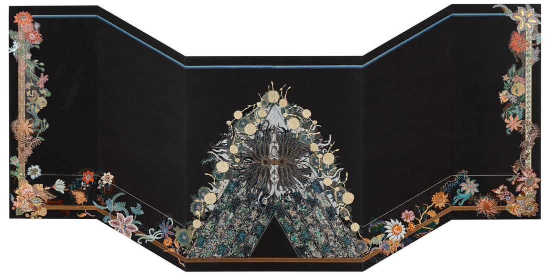 Miriam Schapiro (Canadian, 1923-2015) Medusa, 1981: Miriam Schapiro (Canadian, 1923-2015) Medusa, 1981 acrylic and fabric on canvas in six panels signed Miriam Schapiro, titled, dated and numbered out of six on each panel (verso) 84 x 168 inches. Prope