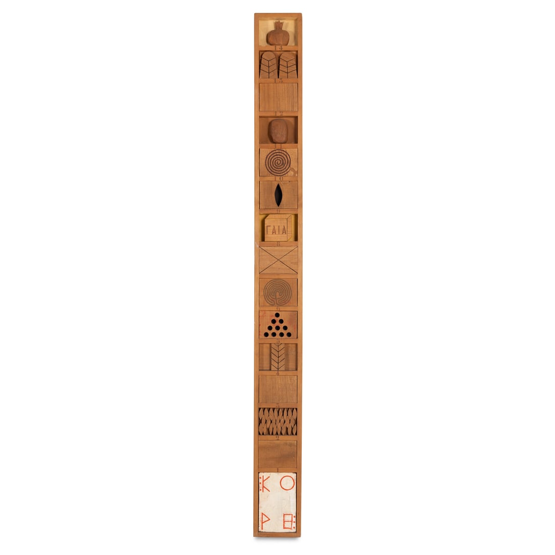 Joe Tilson (British, 1928-2023) Stele for Kore, 1979: Joe Tilson (British, 1928-2023) Stele for Kore, 1979 oil on wood relief signed Tilson, titled, dated and inscribed (verso) 95 x 8 3/4 x 3 3/4 inches. Property from a Private Collection This lot is loc