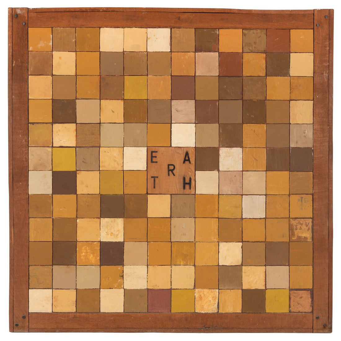 Joe Tilson (British, 1928-2023) EARTH CUBE, 1979: Joe Tilson (British, 1928-2023) EARTH CUBE, 1979 oak and earth pigments signed Tilson and dated, stamped with name, title, date and dimensions (verso) 82 x 82 x 2 inches. Property from a Private Colle