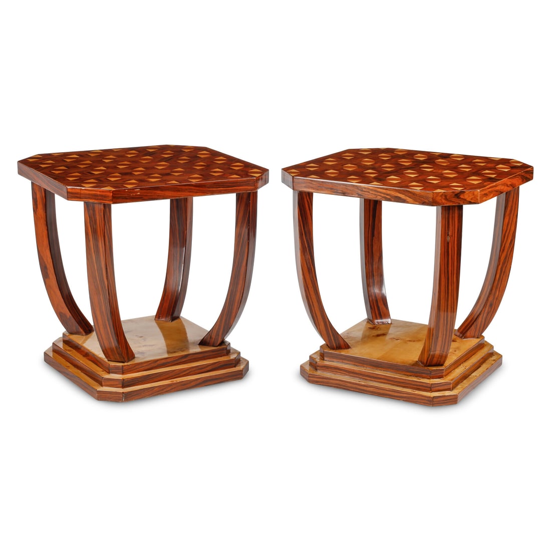 Art Deco Style Pair of Side Tables: Art Deco Style Pair of Side Tables burlwood, parquetry 24 h x 23 1/2 w x 23 1/2 d inches. This lot is located in Chicago.