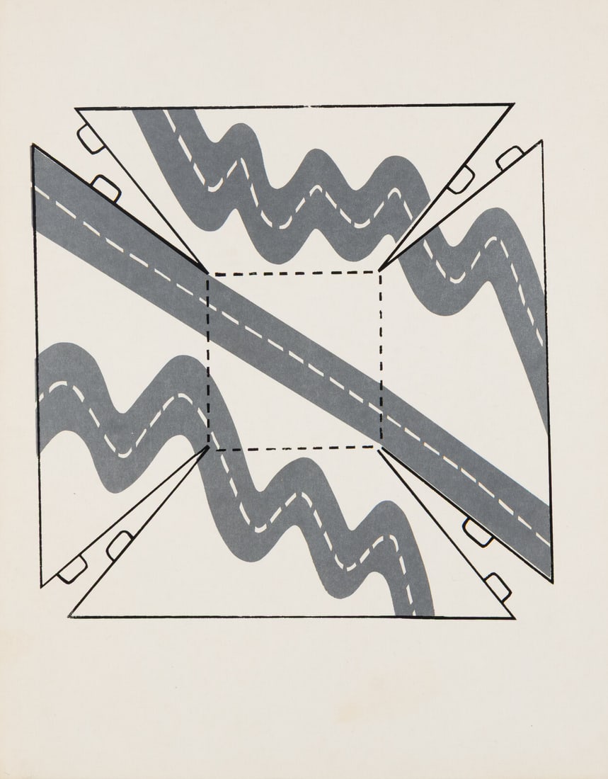 Roger Brown (American, 1941-1997) Roads, 1967: Roger Brown (American, 1941-1997) Roads, 1967 color screenprint on paperboard unsigned as issued 9 1/4 x 9 1/4 inches. Property from the Collection of Gregory Brown This lot is located in Chicago.