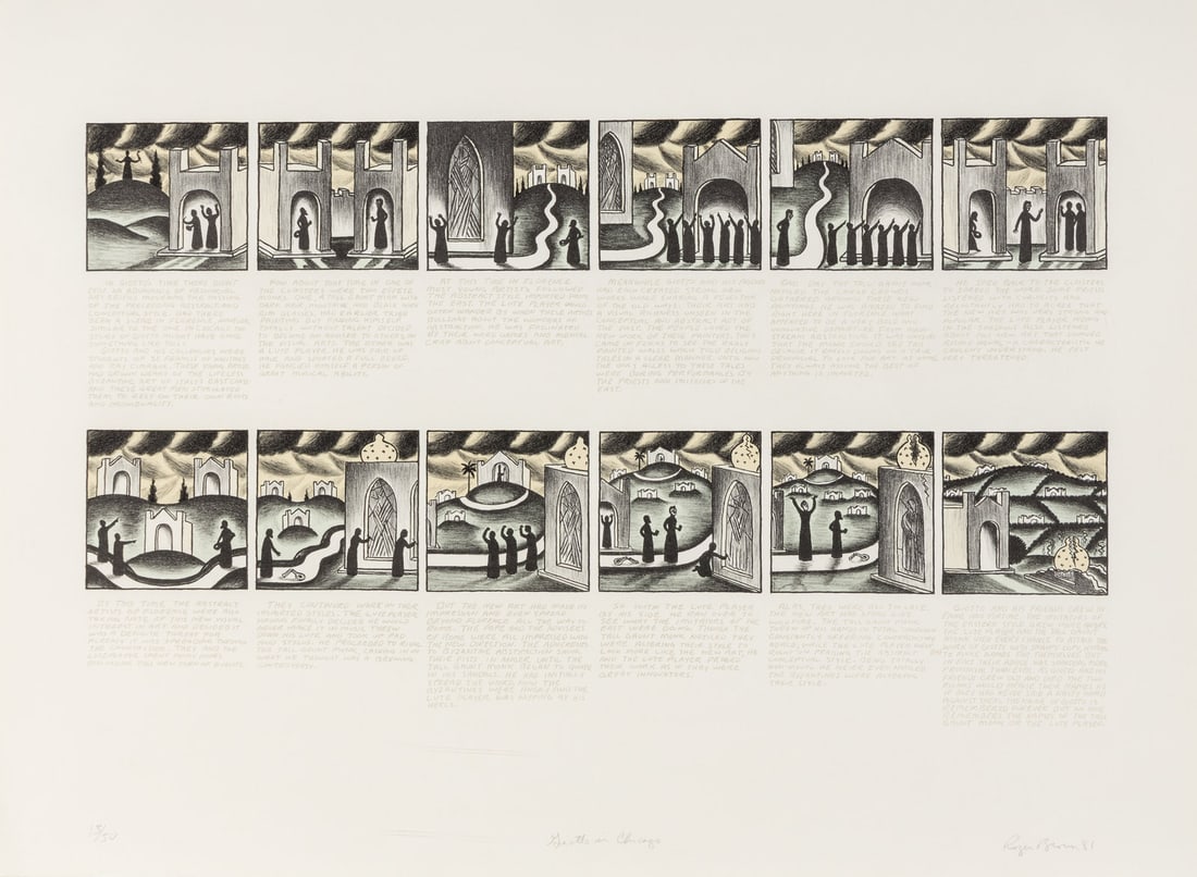Roger Brown (America, 1941-1997) Giotto in Chicago, 1981: Roger Brown (America, 1941-1997) Giotto in Chicago, 1981 lithograph signed, titled, dated, and numbered 13/50 in pencil 15 x 25 1/4 inches. This lot is located in Chicago.