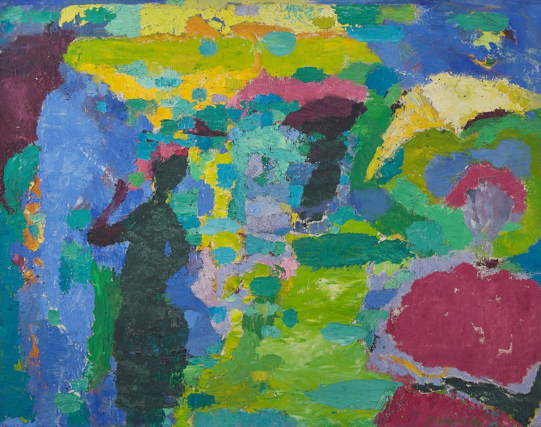 Patricia Mangione (American, 1915-2002) Two Black Figures in Landscape: Patricia Mangione (American, 1915-2002) Two Black Figures in Landscape oil on canvas signed Mangione (lower right) 18 1/4 x 23 inches. This lot is located in Philadelphia. Provenance Private Collectio