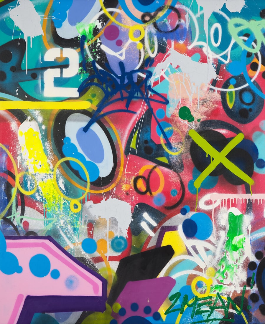 COPE 2 (Fernando Carlo) (American, b. 1968) 2MEAN, 2019: COPE 2 (Fernando Carlo) (American, b. 1968) 2MEAN, 2019 acrylic, spray enamel and mixed media on canvas titled 2MEAN (lower right); signed (verso) 47 1/2 x 39 inches. This lot is located in Philadelph
