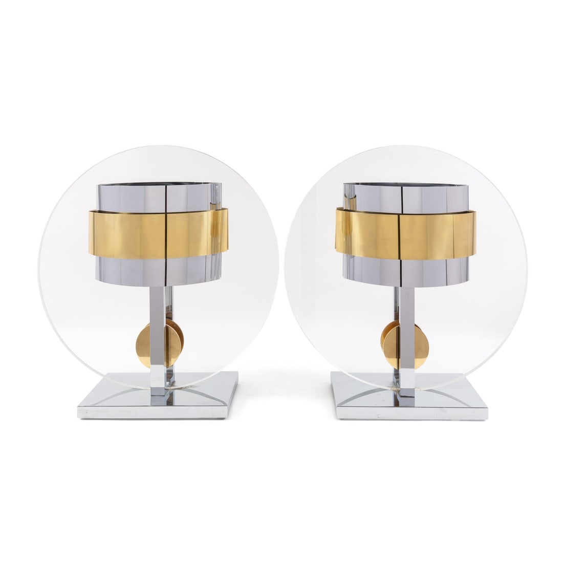 Pierre Cardin (French, 1922-2020) Pair of Lamps, c. 1980: Pierre Cardin (French, 1922-2020) Pair of Lamps, c. 1980 acrylic, brass, chromed metal, hardware 28 1/2 h x 27 dia x 11 1/2 d inches. This lot is located in Chicago.
