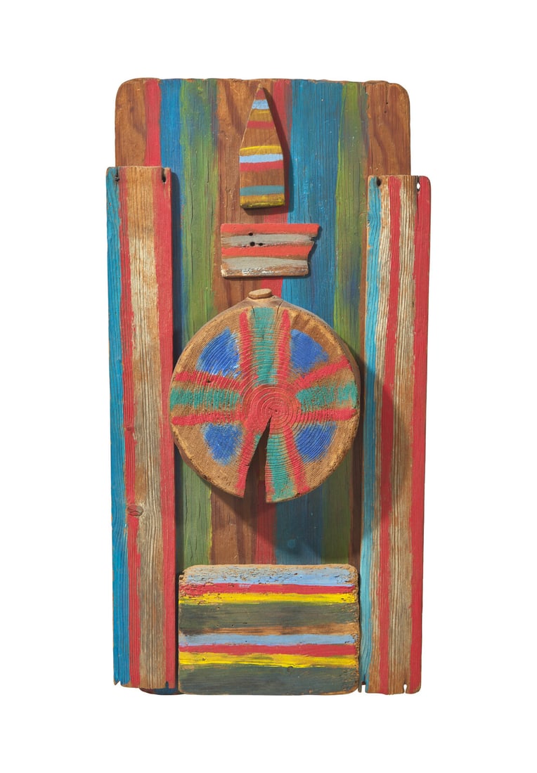 Betty Parsons (American, 1900-1982) Between the Verticals, 1973: Betty Parsons (American, 1900-1982) Between the Verticals, 1973 weathered wood and acrylic paint faintly signed Betty Parsons, titled and dated (verso) Height: 24 3/4 inches. The Collection of Joel Gr